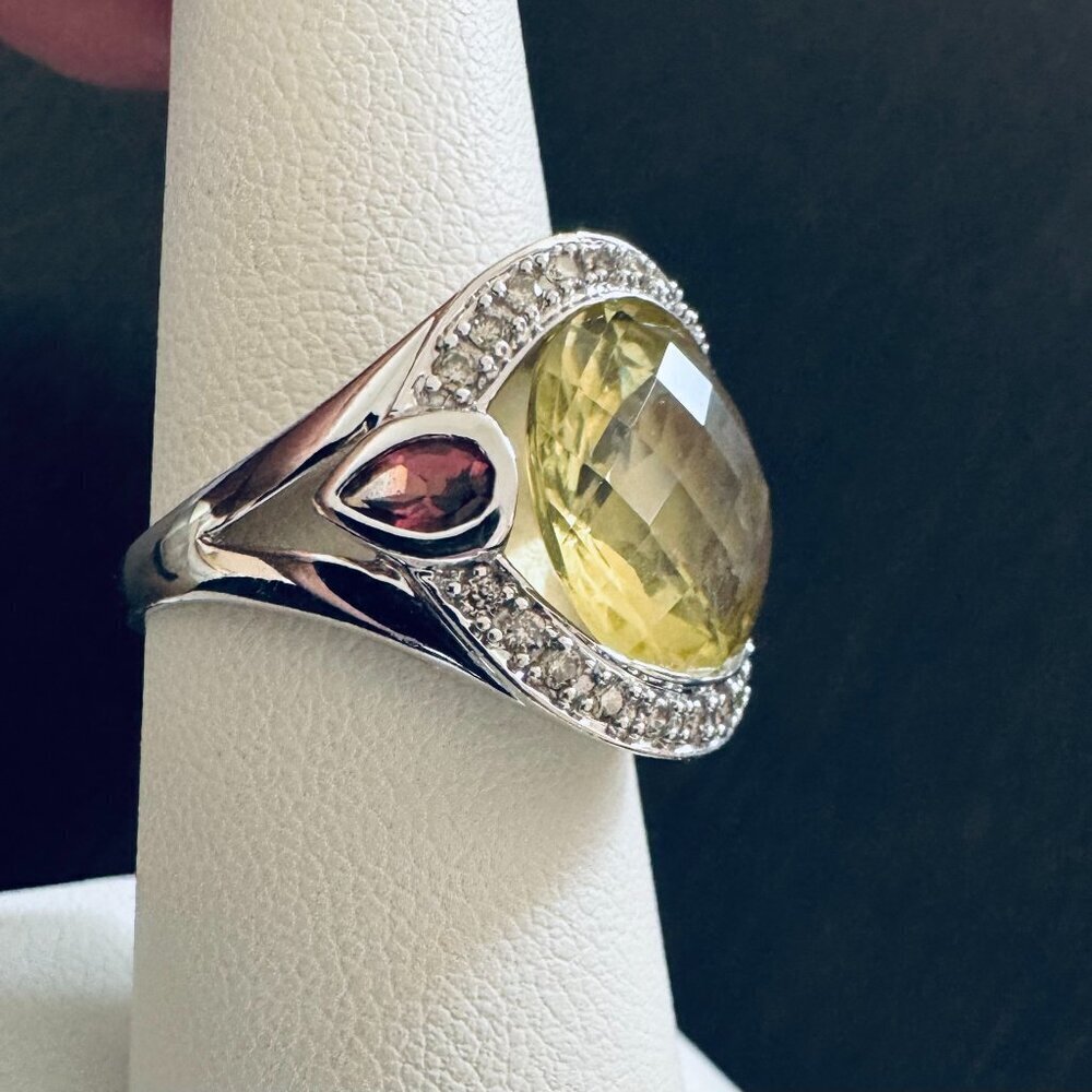 14K White Gold Citrine Diamond Cocktail Ring Statement Bold size 7